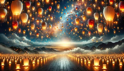 Poster Diwali Lanterns Carrying Wishes Skyward. The horizon painted with floating lanterns, each illuminating the night with wishes. © md3d
