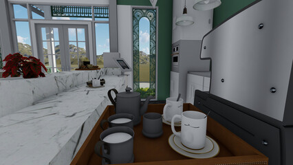 3D Cafe style house model, designed with a balcony and gardens around the area to create a shady atmosphere. With a beautiful interior decoration.