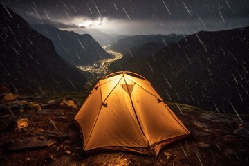 Nighttime rain falls on mountain tent. Generative AI