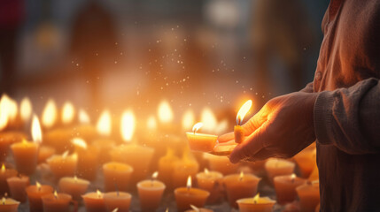 A person lighting a candle at a memorial for victims of a tragic event