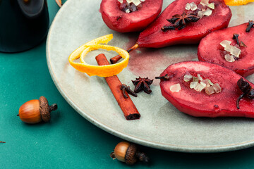 Dessert of pears in wine sauce