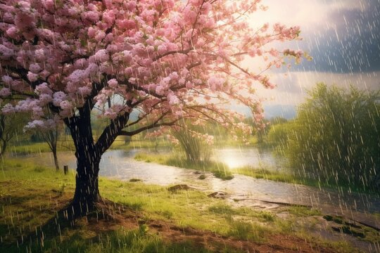 Scenic photo of a day with rain and sunshine, featuring spring tree flowers and a beautiful landscape. Generative AI