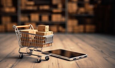 Smart phone with Iron shopping cart for online transportation in your smartphone logistic background concept. Iron shopping cart filled with packages. Ordering online or online business shop.  - obrazy, fototapety, plakaty