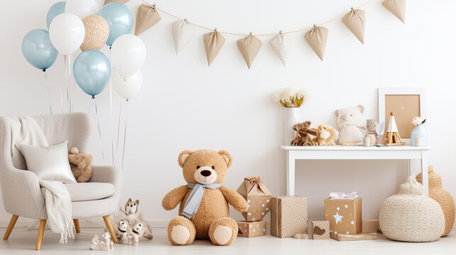 Baby shower design layout featuring children s toys including a teddy bear and framed on a light wall background