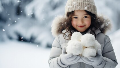  child with pile snowballs on the winter 