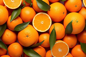 Freshly harvested oranges background. Vibrant citrus fruits. Healthy and juicy. Ripe organic orange. Close up of fresh mandarin. Tropical goodness. Half cut