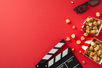 Cinema premiere setup. Top-down view of a filmmaker's clapper, 3D eyewear, delectable striped...