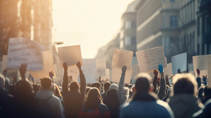 Demonstrators holding signs and marching down a city street in a peaceful protest - obrazy, fototapety, plakaty