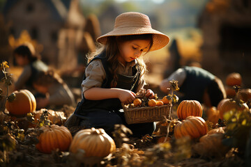Girl working on the pumpkin field, outdoor shot