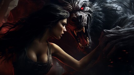 Dark fantasy illustration of a werewolf and a woman, forbidden love - obrazy, fototapety, plakaty