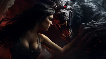 Fotobehang Dark fantasy illustration of a werewolf and a woman, forbidden love © Katarzyna