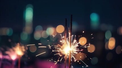 Glittering burning sparkler with multicolor defocused night city background.