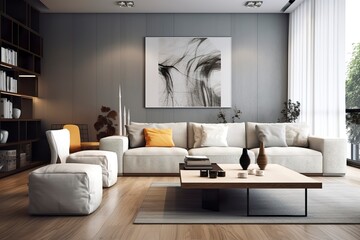 Modern living room with sofa and furniture.