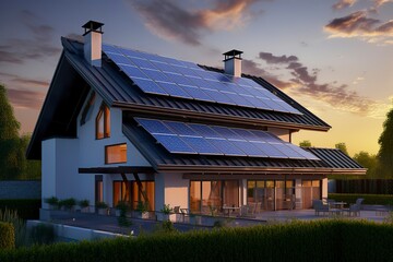 Modern house with blue solar panels on the roof. End of the day, sunset.