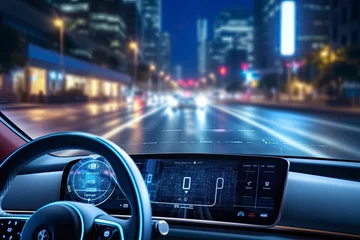 Fotobehang Modern smart car technology intelligent system using Heads up display (HUD) Autonomous self driving mode vehicle on city road with graphic sensor radar signal system intelligent car. © Dibos