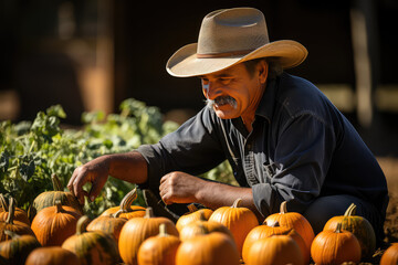 Senior male gardener harvesting pumpkin in the garden. Mature farmer with a bunch of self-grown goods. Growing own herbs and vegetables in a homestead.