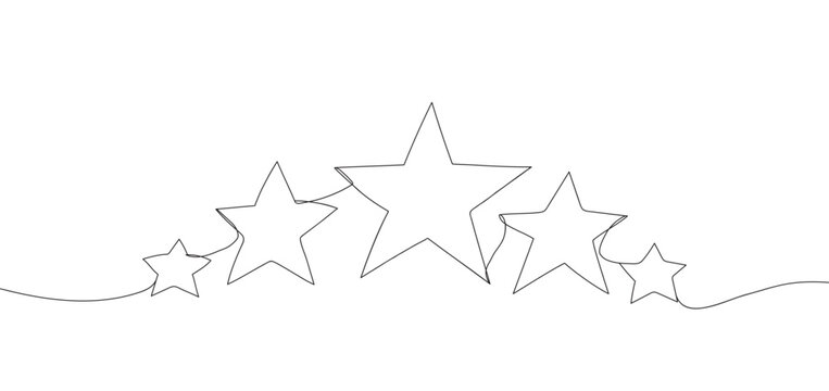 Continuous line drawing of stars. One line drawing background. Five stars outline drawing. Hand drawn doodle stars illustration in continuous line style.