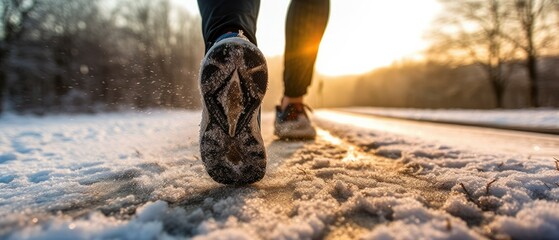 close-up foot and legs running sport, backlight winter - obrazy, fototapety, plakaty