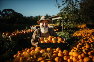 Senior male gardener holding harvested pumpkin in the garden. Mature farmer with a bunch of self-grown goods. Growing own herbs and vegetables in a homestead.