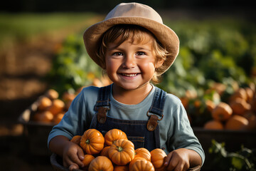 Young kid is showing the basket full of pumpkins