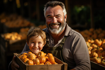 Senior male gardener with his son holding harvested pumpkin in the garden. 
