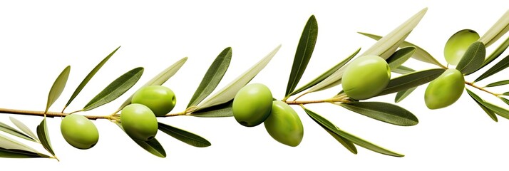 Olive tree branch, green olives and leaves on white background.