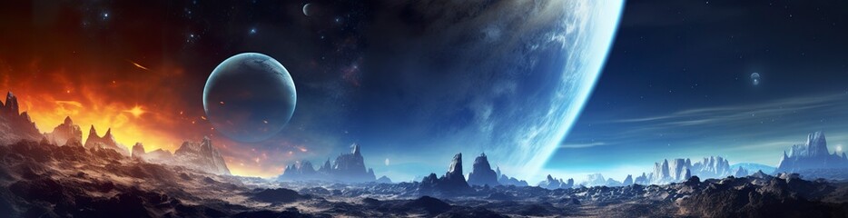 Panorama of distant planet system in space 3D rendering elements. - obrazy, fototapety, plakaty