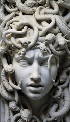 Fototapeta premium Portrait of cyborg medusa close up carved in marble.