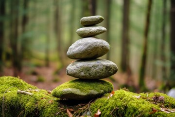 Pyramid stones balance on old mossy fallen tree.
