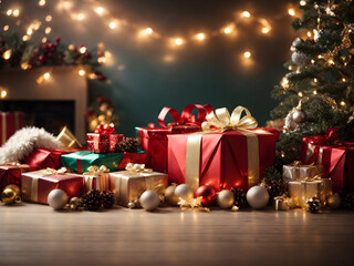 Fototapeta na wymiar Merry christmas with a decorative tree and a gift box. Generative ai