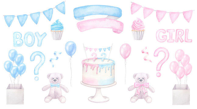 Gender reveal party, baby shower, boy or girl. Blue pink balloons, bow, cream cupcake, cake, flags. Hand drawn watercolor illustration isolated on white background. For newborn products