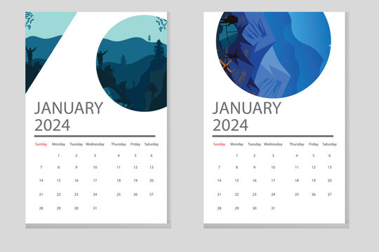 Vector template Calendar 2024 with hiking tourism background