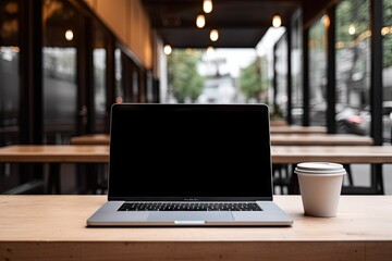 Productive workspace. Modern office desk with laptop and coffee on wooden table. Cafe freelancing. Working on computer in cozy shop. Digital nomads. Creative space