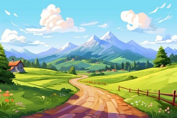 Cartoon illustration of a seasonal rural road leading to mountains as a backdrop for vacations and travel. Generative AI