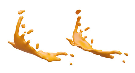 Splashes of orange juice on white background. Liquid splashing fluids with droplets. Realistic 3d juice in orange colors. Dripping liquid. Vector illustration