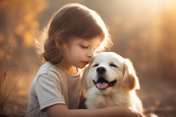 A cute girl and a happy dog. Generative AI