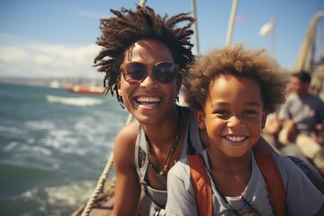 Charming mother and son on the deck of sailing boat moving in sea. Happy traveling African American family enjoying boat trip. Active leisure, family vacation, sports, fun and recreation. - obrazy, fototapety, plakaty