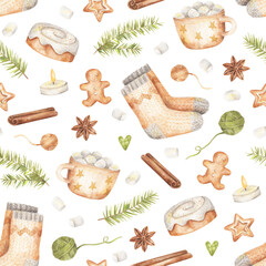 Cozy winter watercolor pattern. Cute hand-drawn seamless Christmas texture with knitted socks, gingerbread, tangerines, marshmallows on white background