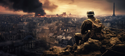 Soldier on battlefield in destroyed eurpoean town. War and army concept. With copy space. - obrazy, fototapety, plakaty