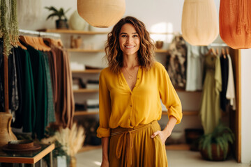 Portrait of beautiful owner or manager in a women's clothing store. Caucasian woman against the background of racks with stylish clothes. Successful small business in a beauty and fashion industry. - obrazy, fototapety, plakaty