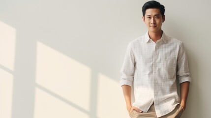 Asian man in checkered shirt and white pants, white wall