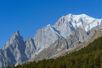 Fototapeta na wymiar Mont Blanc, the highest top of the Alps, seen by the paths of the Val Ferret, during a sunny October day, near the town of Courmayeur, Valle d'Aosta, Italy - October 2023