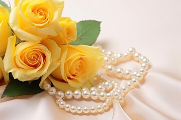 Yellow roses bouquet and pearls,in white background.