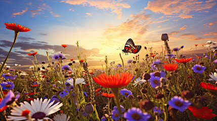 bee and butterfly on wild field floral sunny field meadow ,daisies, cornflowers,lavender ,poppy flowers and old village on horison at summer morning ,sunset sky