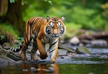 Obraz premium Amur tiger walking in the water. Dangerous animal. Animal in a green forest stream.