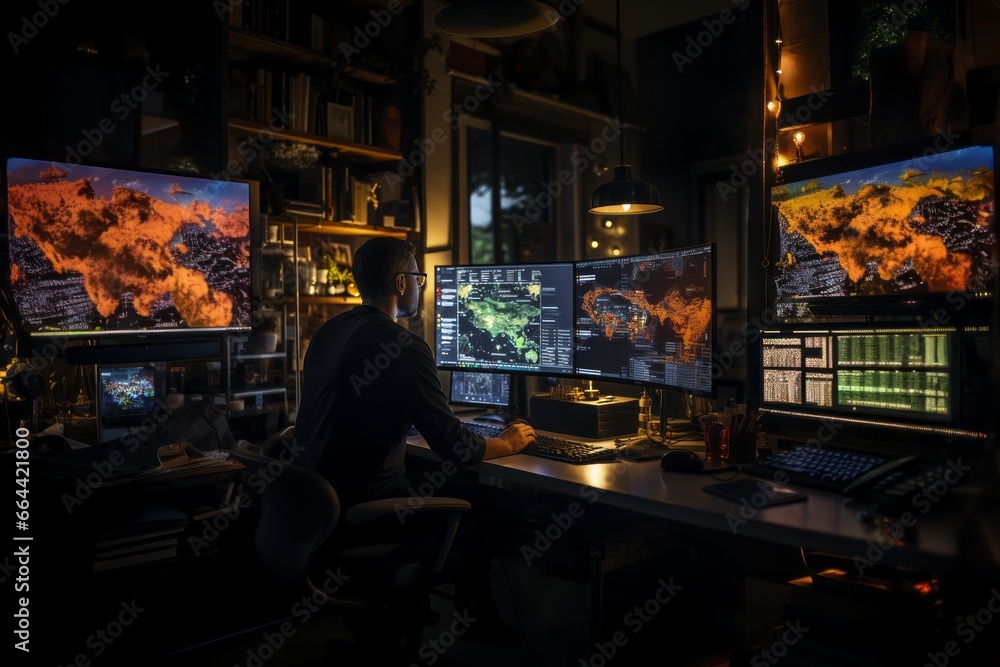 Poster it specialist sits in dark office and looks at several monitors with his hands on the keyboard. youn