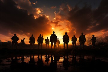 Fototapeta premium A powerful backdrop frames the commanding presence of soldiers silhouettes