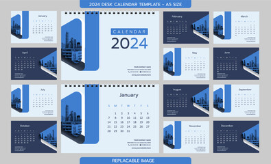 Desk Calendar 2024 template - 12 months included - A5 Size