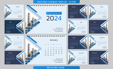 Desk Calendar 2024 template - 12 months included - A5 Size