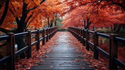 A wooden bridge leading through a forest in autumn